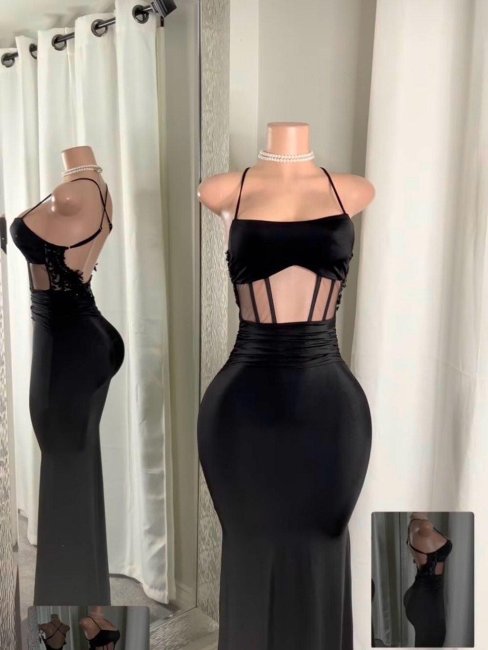 Elegant Black Mesh-Panel Maxi Dress